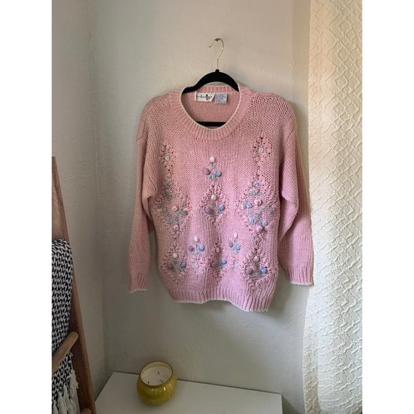 5/$20 💥 Vintage pink Sweater floral small medium By Design 80s 70s - Picture 2 of 7